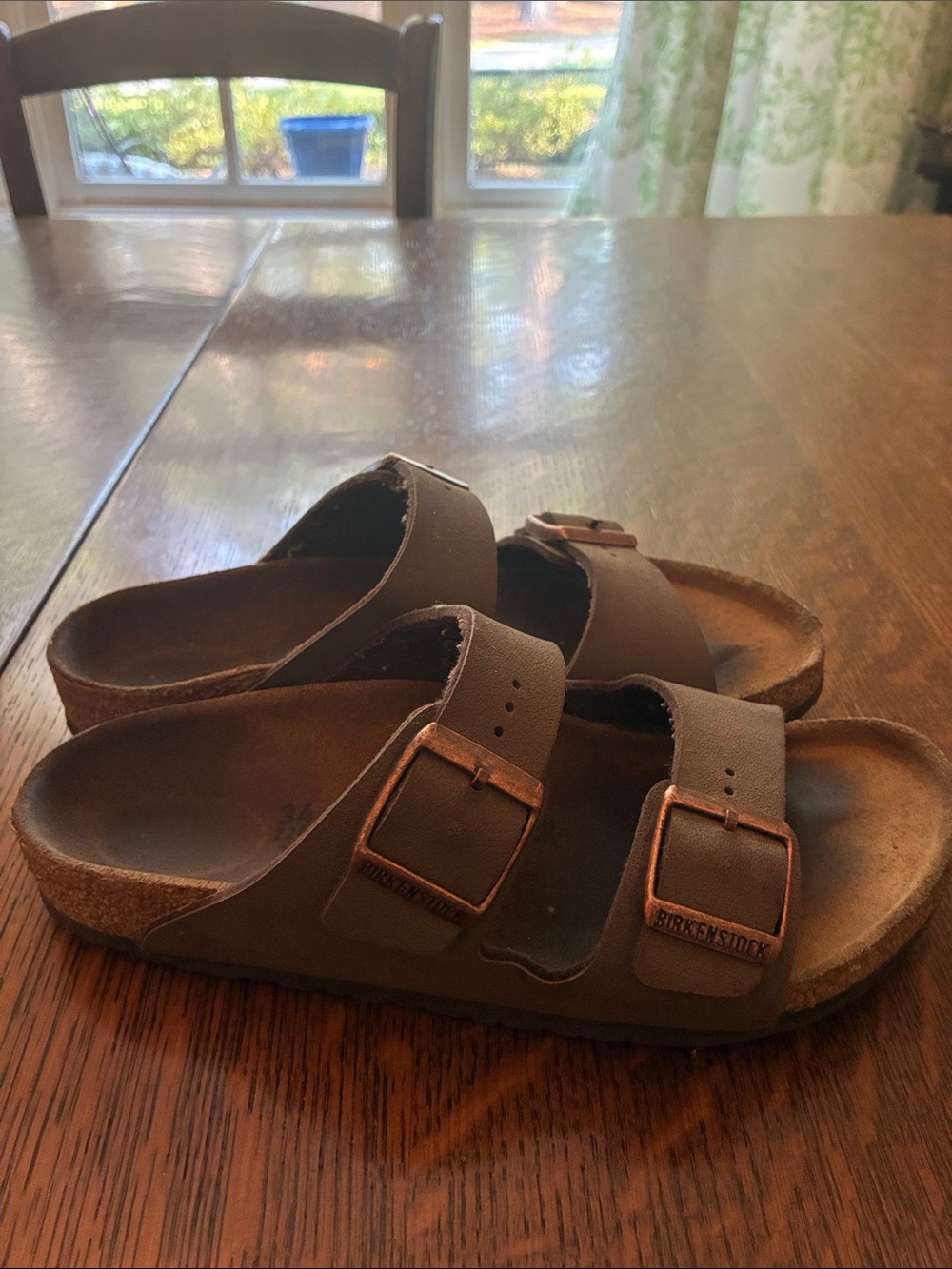 Birkenstock Kids Two-Strap Sandals in Dark Brown with Copper Buckles